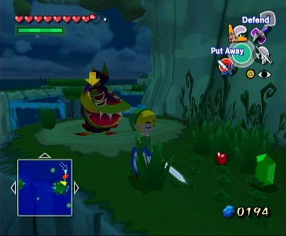 Link stands facing away from a killer plant in Zelda on the GameCube