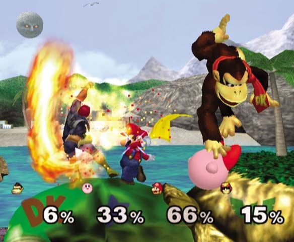 Captain Falcon, Mario, Kirby and Donkey Kong fight on top of a giant turtle