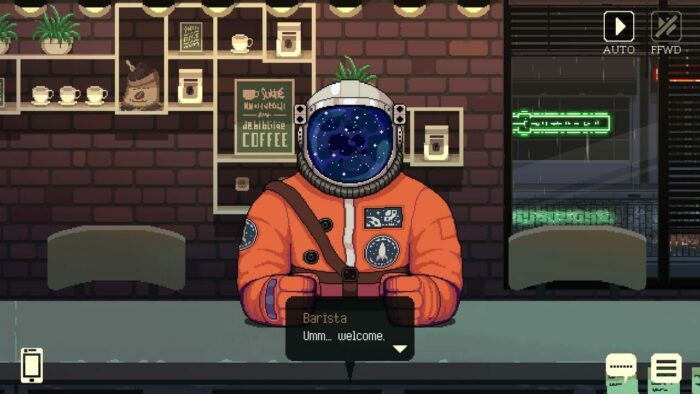 Neil sits at the counter wearing an astronaut suit. 