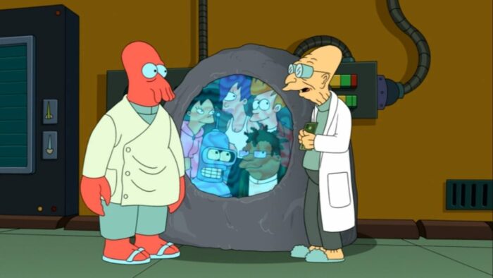 Professor Farnsworth shows the Planet Express crew how the time button works using Zoidberg as his example as the crew watches on from inside the time shelter