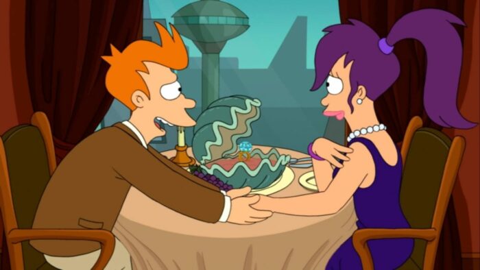 Fry presents a clam containing a large diamond ring as he proposes to Leela over a dinner table at Elzar's