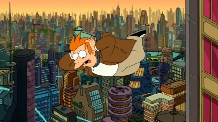 Fry plummets from the Vampire State Building