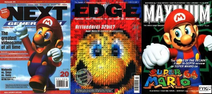 Three Magazine Covers celebrating the launch of Super Mario 64