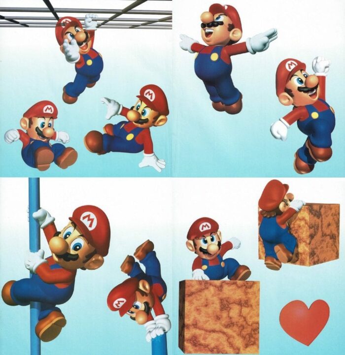 Pictures from Super Mario 64's manual show the many moves Mario can perform in the game