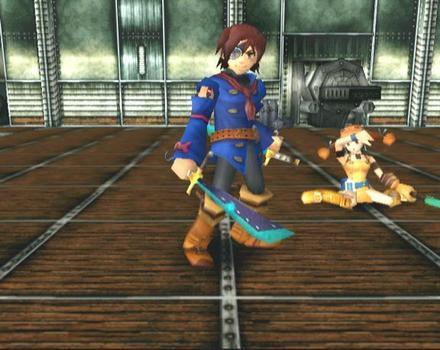 Vyse stands at the ready with his two swords. Aika sits on the ground behind him, exclaiming her exhaustion