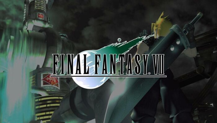 Art for Final Fantasy VII shows Cloud Strife looking up at a massive building