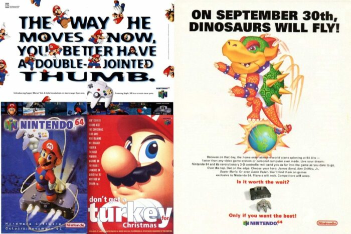 A collage of adverts promoting the launch of Super Mario 64