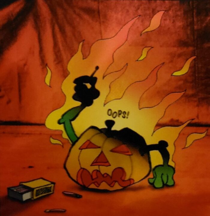 Comical pumpkin art for The Time of the Oath shows a jack-o-lantern that has set itself on fire playing with matches
