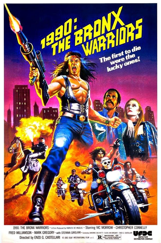 Movie poster for 1990: Bronx Warriors with drawings of a post-apocalyptic motorcycle gang