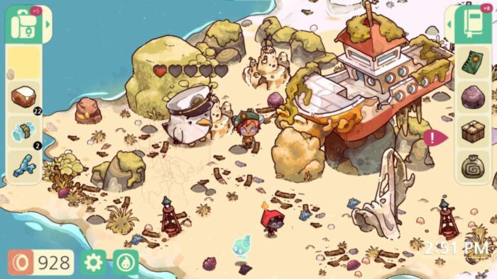Screenshot of Cozy Grove, with the player character standing on a beach next to a seagull wearing a captain's hat