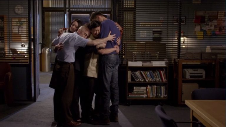 Frankie, Britta, Abed, Dean Pelton, Chang, and Jeff share a final hug in the study room