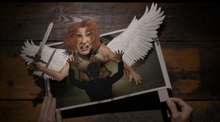 A hand manipulates a pop-up book of an angel attacking a man in the title card for Evil S2E2 "A is for Angel"