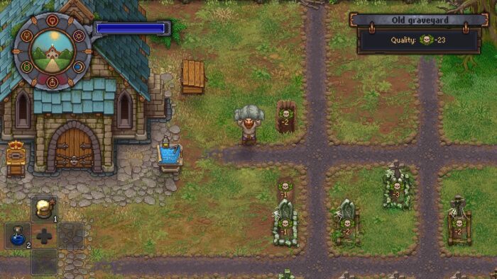 Screenshot of Graveyard Keeper, with the player character holding a wrapped corpse above an empty grave on a cemetary