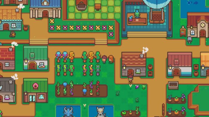 A screenshot from Littlewood, of a small pixel style town with trees and houses