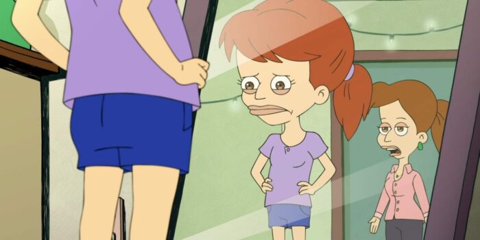 Jessi looking in the mirror, wearing a lavender t-shirt and dark blue shorts, displeased with her appearance. Her mother (Shannon Glaser [Jessica Chaffin], a pale woman with reddish-brown hair and brown eyes wearing a pink blouse and dark pants) is seen behind her talking to her about something.
