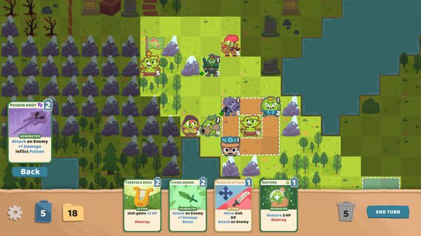 A top down view of a forest laid out in a grid pattern, with several monsters standing around. On the bottom of the screen is a hand of cards