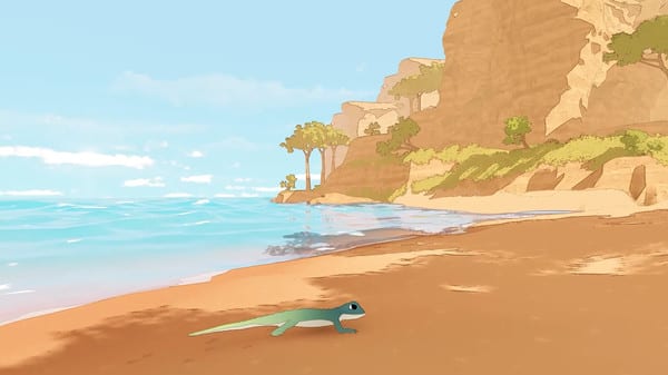 a small green lizard walks along a beach