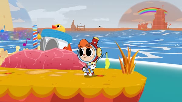 Billy stands on a small platform, the ocean and a boat behind him