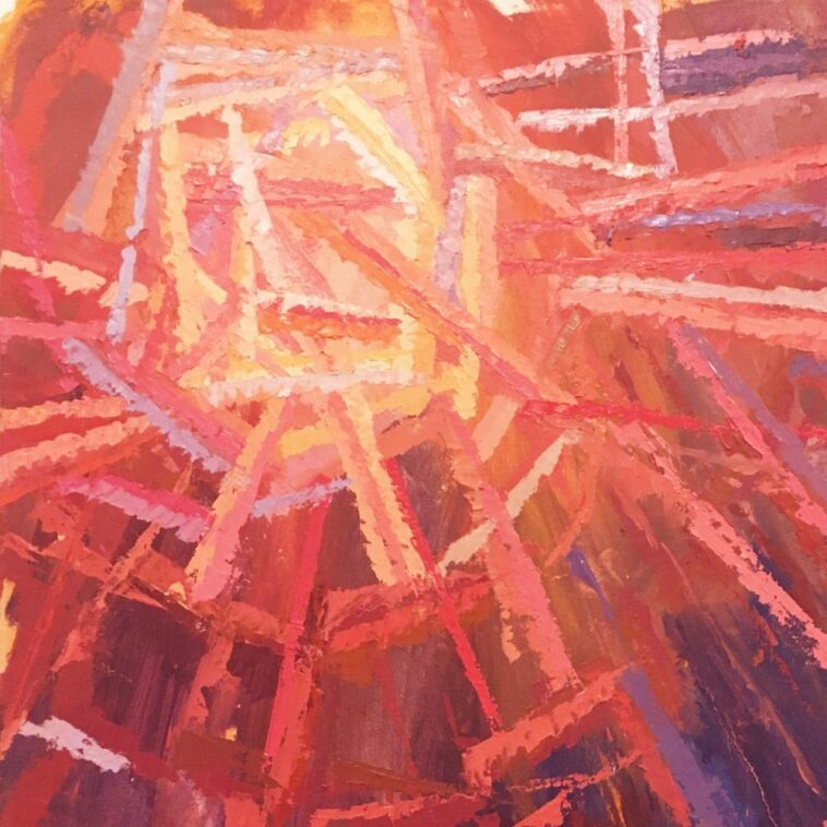 The abstract painting of red, yellow, and orange streaks which serves as the album cover for Improvsations and Textures 1, painted by Brendan Luchik