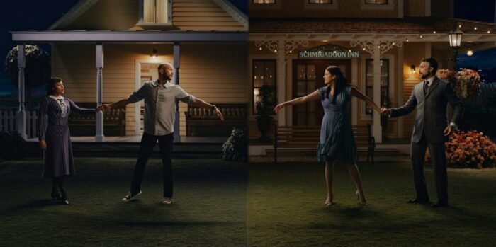 Josh (Keegan-Michael Key) and Mel (Cecily Strong) reach toward each other from each side of a split screen shot with different houses behind them