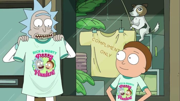 In front of a clothes store, Rick holds up a t-shirt with his and Morty's faces on it - Morty is wearing the same shirt