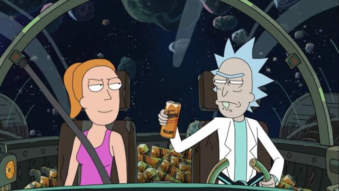 Summer and Rick are in Rick's spaceship - Rick is holding a can of beer and there is a pile of empty cans on the back seat 
