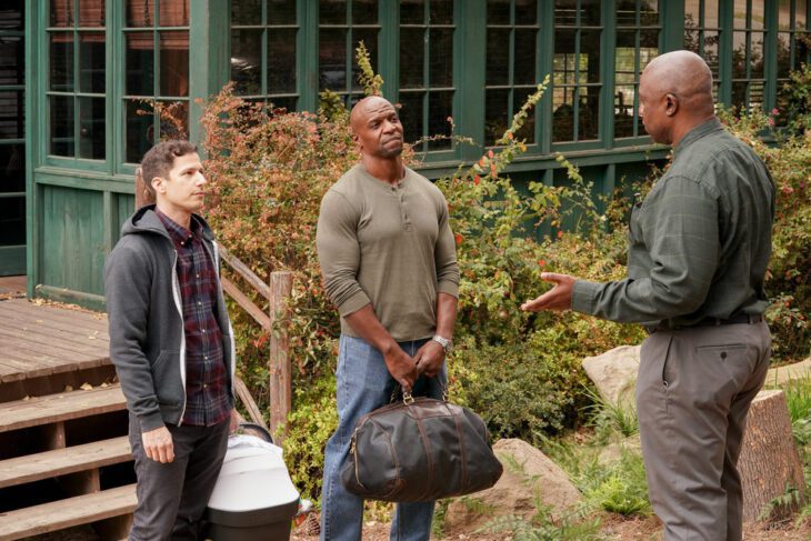 Jake and Terry talk with Holt before entering the Lake House