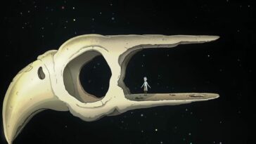 Rick stands in a giant hollow bird skull, floating in space