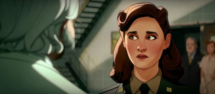 What If....? S1E1 - Peggy look apprehensively towards a set of stairs