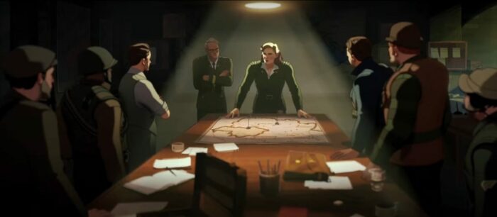What If....? S1E1 - Captain Carter stands at the head of a war room table with her fellow soldiers