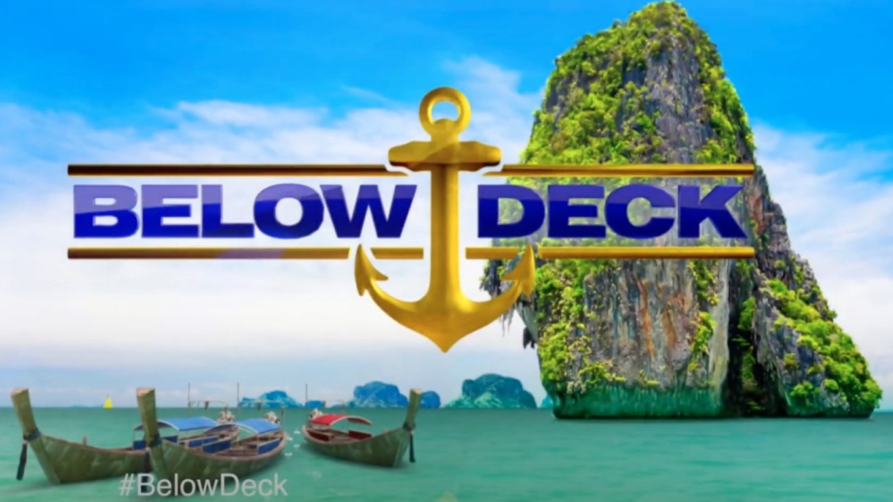 The title card for Below Deck features the name of the show with an anchor between the two words, with a beach as a backdrop