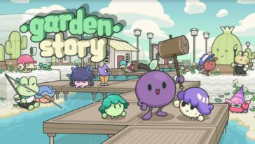 the logo for Garden story, featuring many chibi characters including a frog and the main character concord the grape holding a hammer