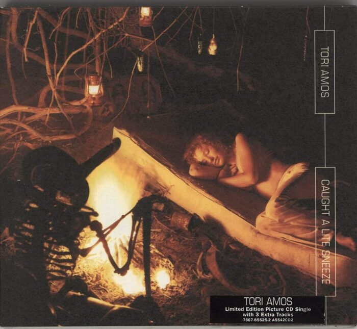 Tori Amos lays on a mattress near a small bonfire on the cover of the "Caught a Lite Sneeze" single. 