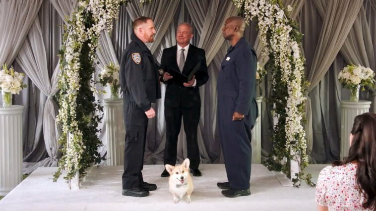 Holt, Kevin, and Cheddar the dog on the altar