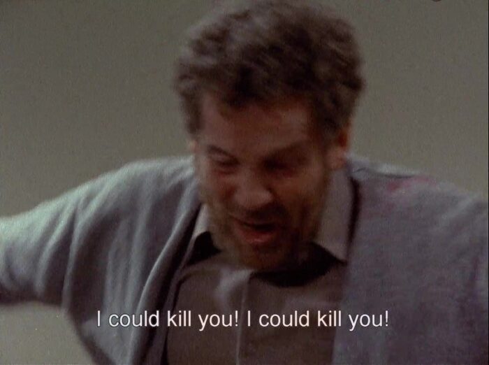 In this scene from the 1973 version of Scenes from a Marriage, Johan's (Erland Josephson) is depicted in close-up as the subtitle "I could kill you! I could kill you!" is superimposed.ghtening in Bergan's original. 