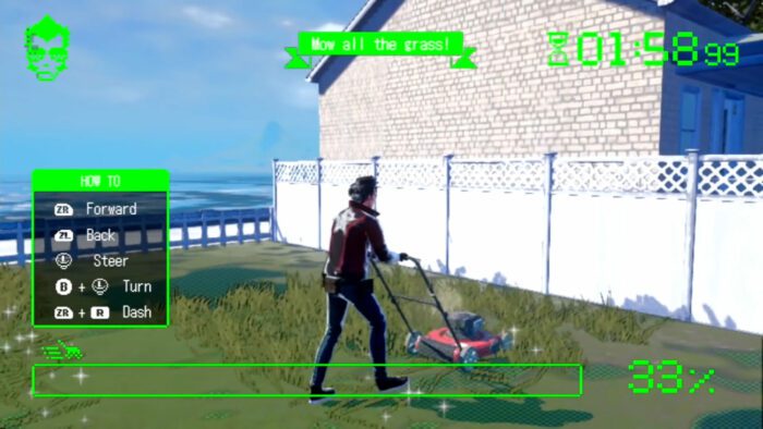 Travis mows the lawn in a mini game
