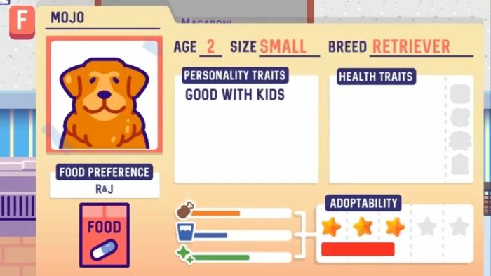 The dog personality stats screen