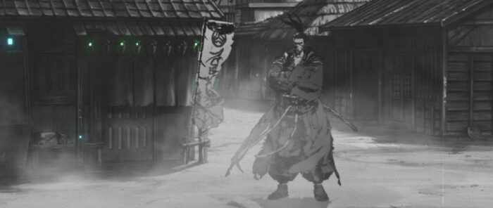 'Ronin' - mysterious hero of 'The Duel' on the misty streets of a rural village. The shot closely resembles the one from Kurosawa's 'Yojimbo' pictured below.