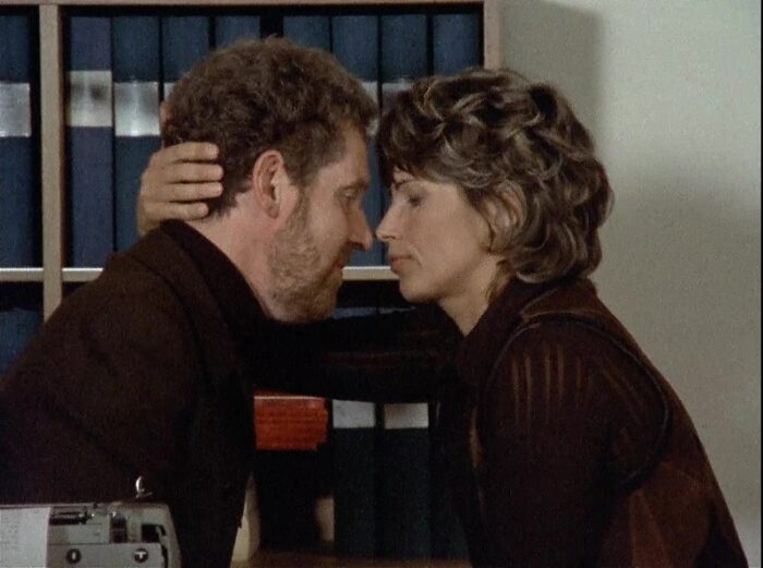 Johan (Erland Josephson) and his colleage/lover Eva (Gunnell Lindblom) embrace in this image from Bergman's Scenes from a Marriage. 