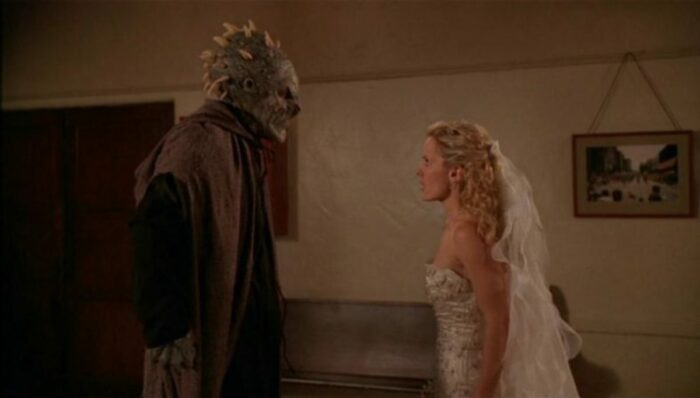 Stewart Burns in demon form confronting Anya in her wedding dress