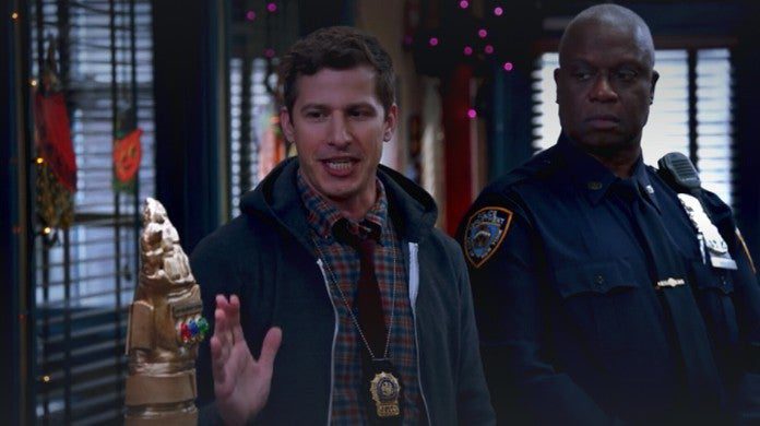 Jake and Holt by the 'Infinitude Gobbler' as Jake introduces the Halloween Heist