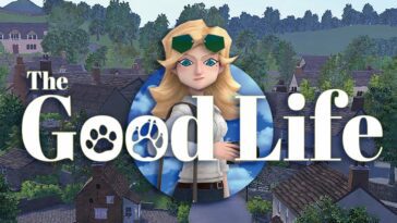 The logo for the good life. Naomi smiles in front of the town of Rainy Woods