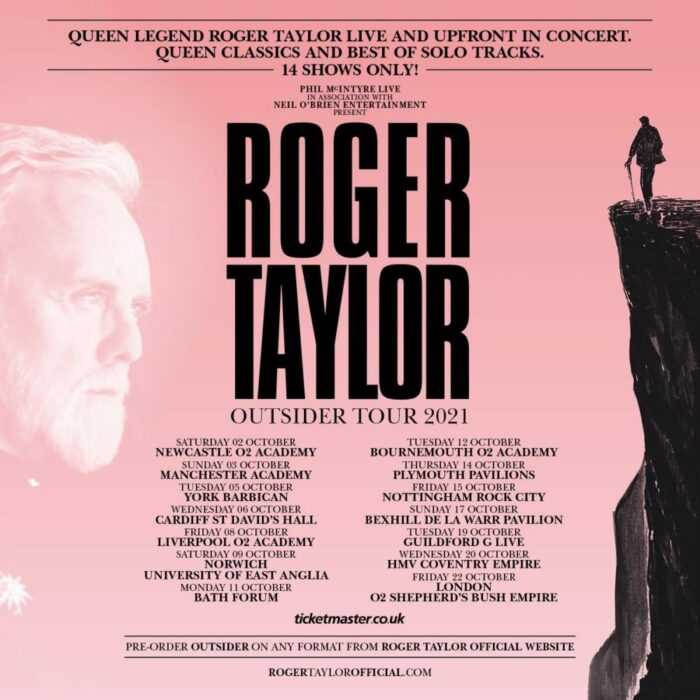 An ad for Roger Taylor's Outsider tour features his face on the left and a cliff with a man on it on the right, with text in the middle