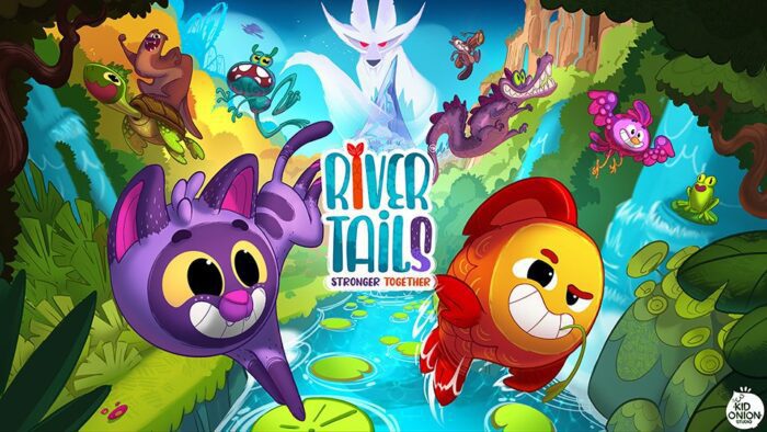 a purple cat and orange fish jump over a river with several characters in the background 