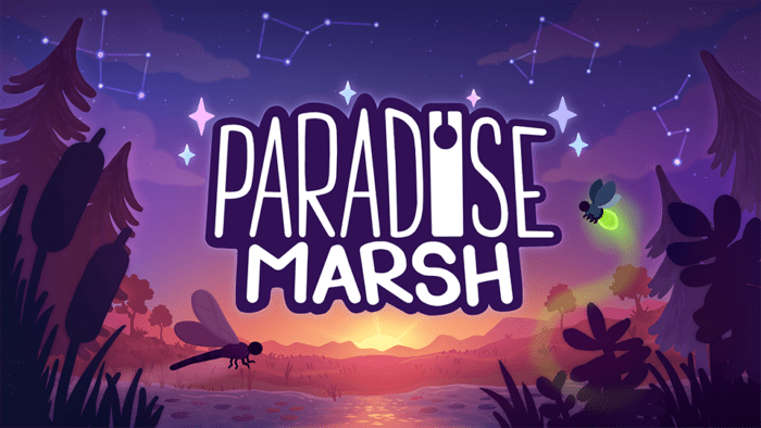 the logo for Paradise Marsh set against a setting sun and starry sky
