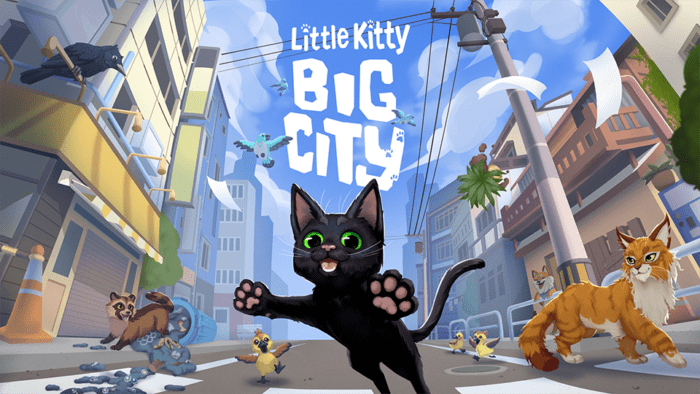 a black cat jumps towards the screen. a busy city street lays behind them