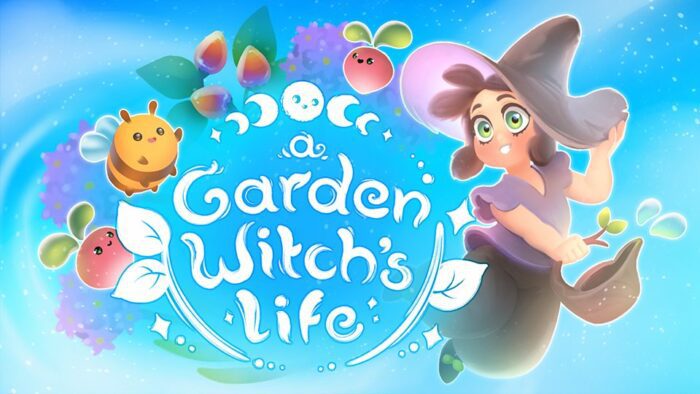 a smiling witch floats in the air next to the logo for "A Garden Witch's Life"