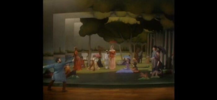 The cast of Sunday in the Park with George starts to takes their places as the Seurat painting