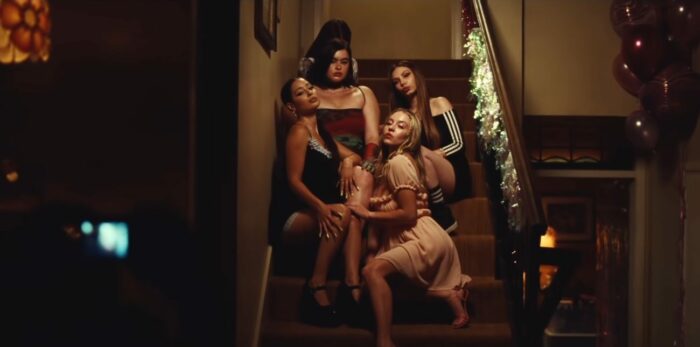 Kat, Maddy, Cassie and an unknown girl pose for a photo on the stairs in Eu[horia Season Two