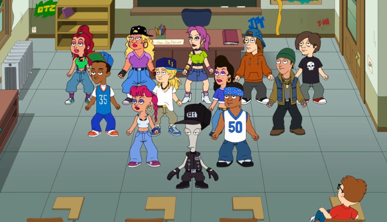 Several cartoon teenagers and a grey alien dance in a triangule-shaped formation in a high school class room (Roger Smith as Mr. Deliver and his students in American Dad)